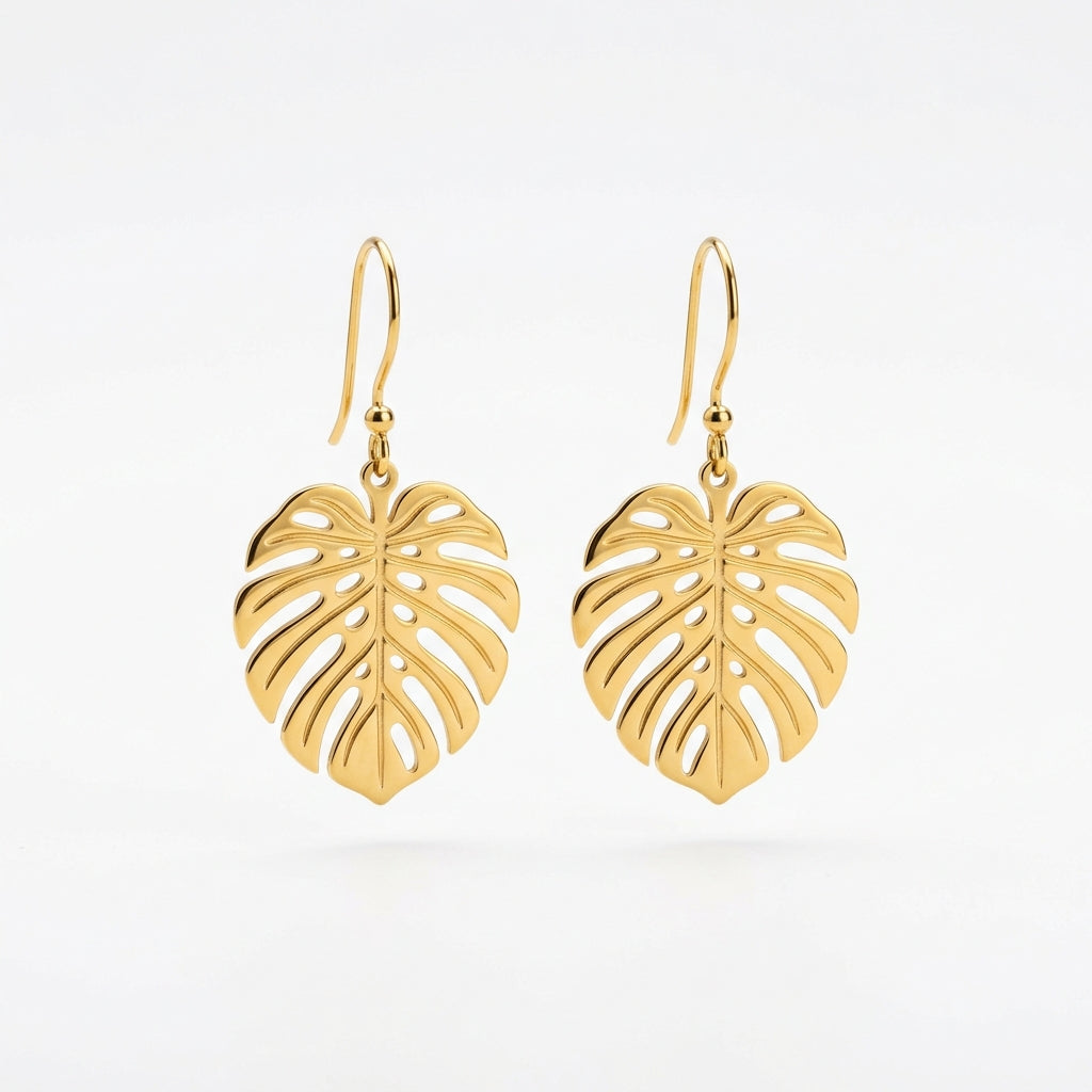 Boucles d'Oreilles Pendantes Feuilles Tropicales Dorées - Le petit truc d’Orely